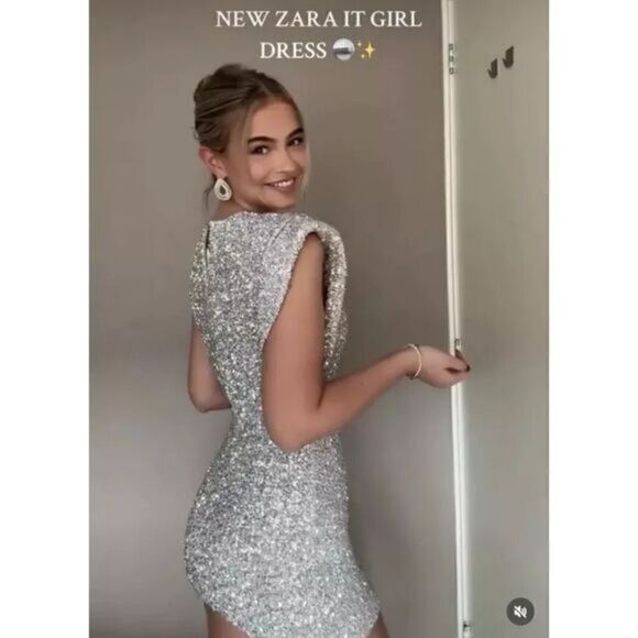 ZARA NWT ZARA SHORT SEQUINNED DRESS WITH SHOULDER PADS SILVER - Picture 3 of 10
